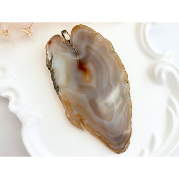 Polished Sliced Agate Geode Crystal Freeform Large Gold Toned Vintage Pendant - Picture 2 of 14